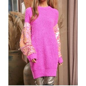 NWT DAVI & DANI Vibrant Pink Sweater Tunic with Sequin Sleeves